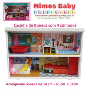 Casinha de Boneca com 4 cômodos - Acompanha boneca de 14 cm - 46cm  x 34cm