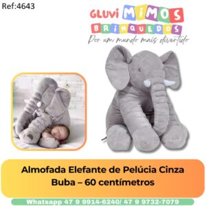 Almofada Elefante de Pelúcia Cinza - Buba - 60 centímetros