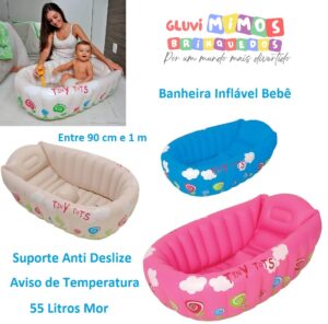 Banheira Inflável Bebê Suporte Anti Deslize 55 Litros Mor - Aviso de Temperatura