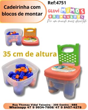 Cadeirinha com Blocos de Montar - 35 Cm de Altura - Disponível na Cor Laranja e Verde