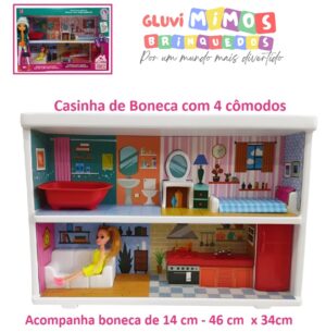 Casinha de Boneca com 4 cômodos - Acompanha boneca de 14 cm - 46cm  x 34cm