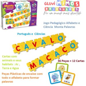 Jogo Pedagógico Alfabeto e Ciência  Monta Palavras, Elka -36 pçs e 12 Cartas
