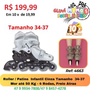 Roller / Patins  Infantil Cinza Tamanho  34-37 Mor até 50 Kg - 4 Rodas, Freio Atras
