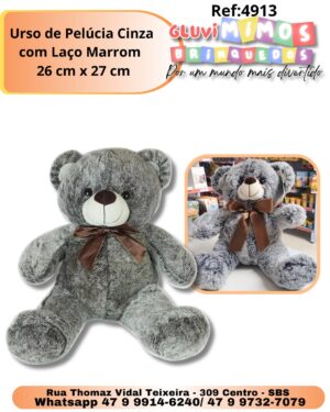 Urso de Pelúcia Cinza com Laço Marrom - 26 cm x 27 cm