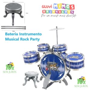 Bateria Instrumento Musical Rock PartyAzul Completa - DM Toys