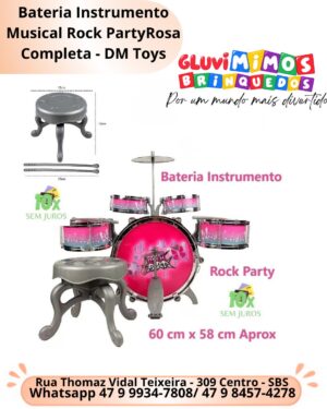Bateria Instrumento Musical Rock PartyRosa Completa - DM Toys