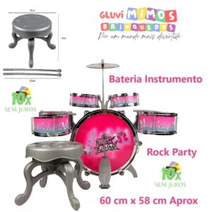 Bateria Instrumento Musical Rock PartyRosa Completa - DM Toys