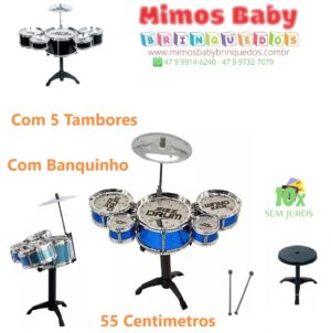Mini Bateria Instrumento Infantil Completo Jazz - 55 Centimetros de Altura 5 Tambores com Banquinho