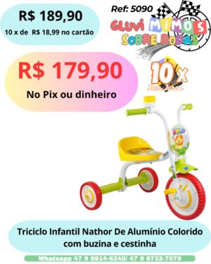 Triciclo Infantil Nathor De Alumínio Colorido com buzina e cestinha