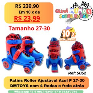 Patins Roller Ajustável Azul P 27-30  DMTOYS com 4 Rodas e freio atrás