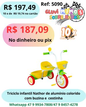 Triciclo Infantil Nathor De Alumínio Colorido com buzina e cestinha