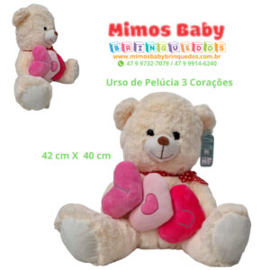 Urso de Pelúcia 3 Corações - 42 cm X  40 cm
