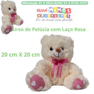 Urso de Pelúcia com Laço Rosa - 20 cm X 20 cm