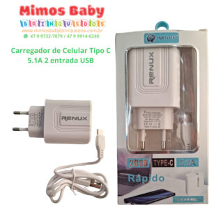 Carregador de Celular Tipo C 5.1A 2 entrada USB