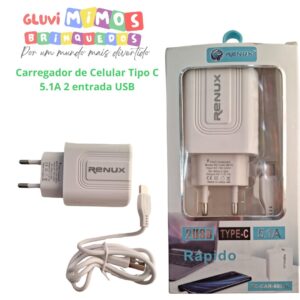 Carregador de Celular Tipo C 5.1A 2 entrada USB