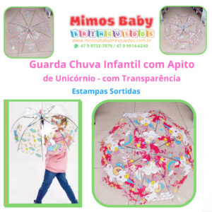Guarda Chuva Infantil com Apito de Unicórnio - com Transparência - Estampas Sortidas