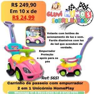 Carrinho de passeio com empurrador 2 em 1 Unicórnio HomePlay