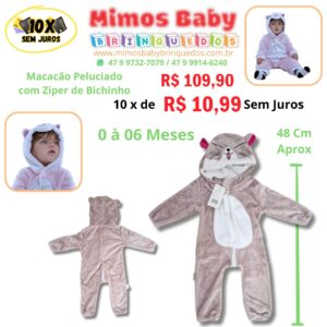 Macacão Peluciado  com Ziper de Bichinho 0 à 06 Meses - Cinza