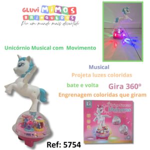 Unicórnio , Musical ,Projeta luzes coloridas, bate e volta , Gira 360º ,Engrenagem coloridas que giram