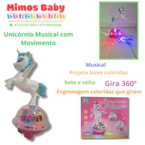 Unicórnio , Musical ,Projeta luzes coloridas, bate e volta , Gira 360º ,Engrenagem coloridas que giram
