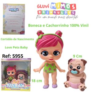 Boneca e Cachorrinho 100% Vinil Love Pets Baby