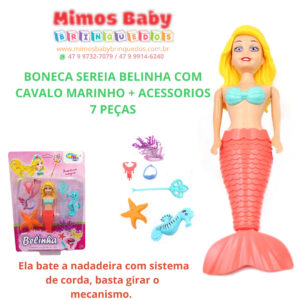 BONECA SEREIA BELINHA COM CAVALO MARINHO + ACESSORIOS 7 PEÇAS