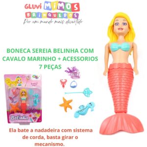 BONECA SEREIA BELINHA COM CAVALO MARINHO + ACESSORIOS 7 PEÇAS