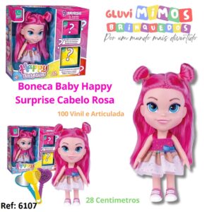 Boneca Baby Happy Surprise Cabelo Rosa 100 Vinil e Articulada
