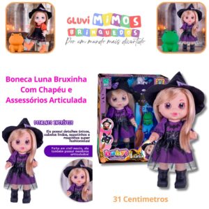 Boneca Luna Bruxinha Com Chapéu e Assessórios Articulada - 31 Centimetros