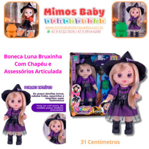 Boneca Luna Bruxinha Com Chapéu e Assessórios Articulada - 31 Centimetros