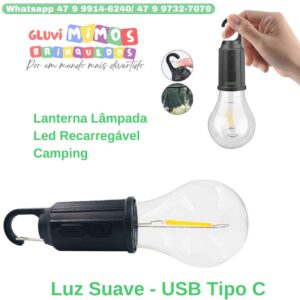 Lanterna Lâmpada Led Recarregável Camping Luz Suave - USB Tipo C