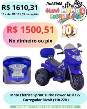 Moto Elétrica Sprint Turbo Power Azul 12v