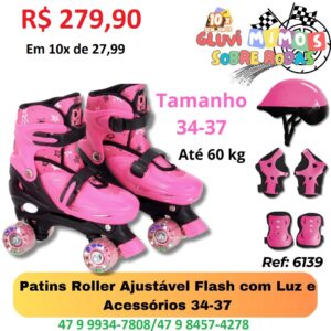 Patins Roller Ajustável Flash com Luz e Acessórios 34-37