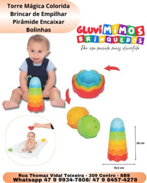 Torre Mágica Colorida Brincar de Empilhar Pirâmide Encaixar Bolinhas