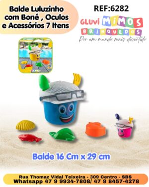 Balde Luluzinho com Boné , Oculos e Acessórios  7 Itens Balde 16 Cm x 29 cm