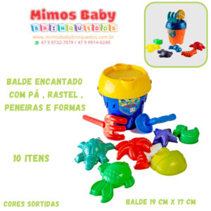 Balde encantado  Com pá , Rastel , Peneiras e Formas 10 Itens Balde 19 Cm x 17 cm
