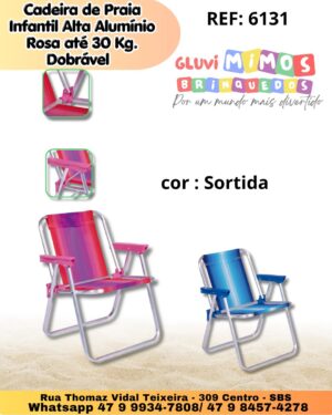 Cadeira  de  Praia Infantil Alta Alumínio Azul e Rosa até 30 Kg. Dobrável