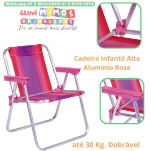 Cadeira de Praia Infantil Alta Alumínio Rosa até 30 Kg. Dobrável
