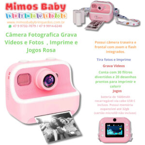Camera Fotografica Grava  Vídeos e Fotos  , Imprime e Jogos Rosa