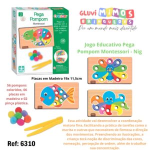 Jogo Educativo Pega Pompom Montessori - Nig 56 pompons coloridos, 06 placas em madeira e 01 pinça plástica.