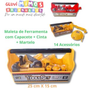 Maleta de Ferramenta com Capacete + Cinta + Martelo 14 Acessórios 25 cm X 15 cm