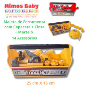 Maleta de Ferramenta com Capacete + Cinta + Martelo 14 Acessórios 25 cm X 15 cm