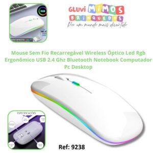 Mouse Sem Fio Recarregável Wireless Óptico Led Rgb Ergonômico USB 2.4 Ghz Bluetooth Notebook Computador Pc Desktop