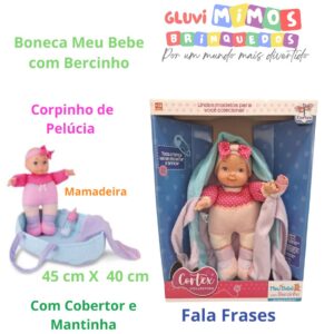 Boneca Meu Bebe com Bercinho Fala Frases Corpinho de Pelúcia