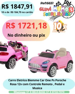 Carro Eletrico Biemme Car One Ps Porsche Rosa 12v com  Controle Remoto , Pedal e Musica