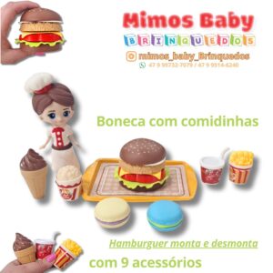 Boneca com comidinhas  com 9 acessórios  Hamburguer monta e desmonta