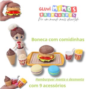 Boneca com comidinhas  com 9 acessórios  Hamburguer monta e desmonta