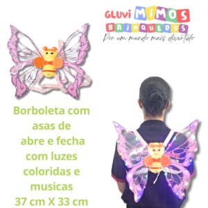 Borboleta com asas de abre e fecha com luzes coloridas e musicas 37 cm X 33 cm