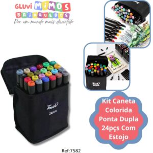 Kit com 24 Canetas Canetinhas com Ponta Dupla e estojo