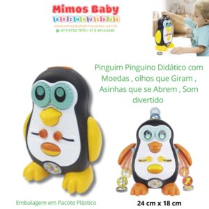 Pinguim Pinguino Didático com Moedas , olhos que Giram , Asinhas que se Abrem  , Som divertido 24 cm x 18 cm